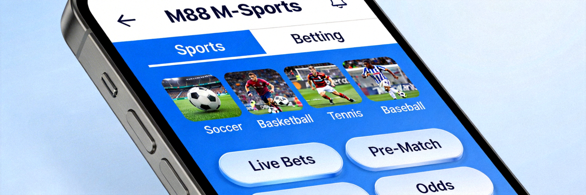 Tampilan antarmuka M88 M-Sports yang modern dan responsif di perangkat smartphone, menampilkan berbagai pilihan olahraga dan taruhan